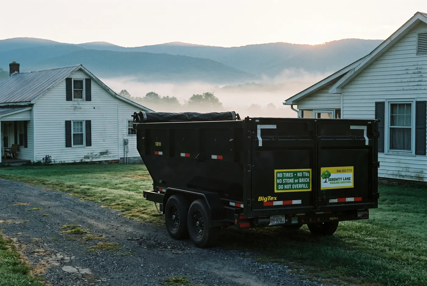 The Serenity Lane Hauling dump trailer at dawn, ready for the day's first haul
